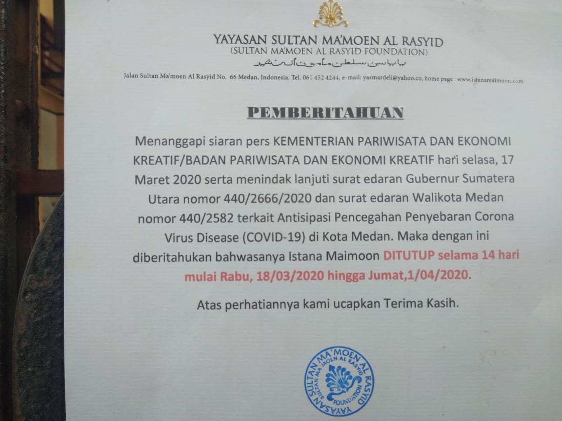Lawan Corona, Istana Maimun Tutup 1