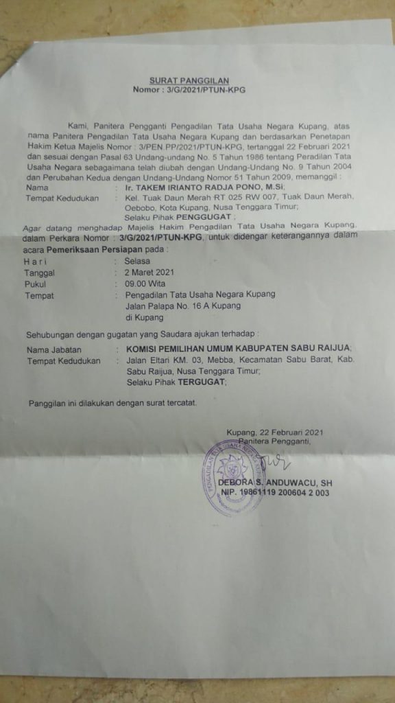 Soal Orient Riwu Kore, KPUD Sabu Raijua Resmi Digugat di PTUN Kupang 8
