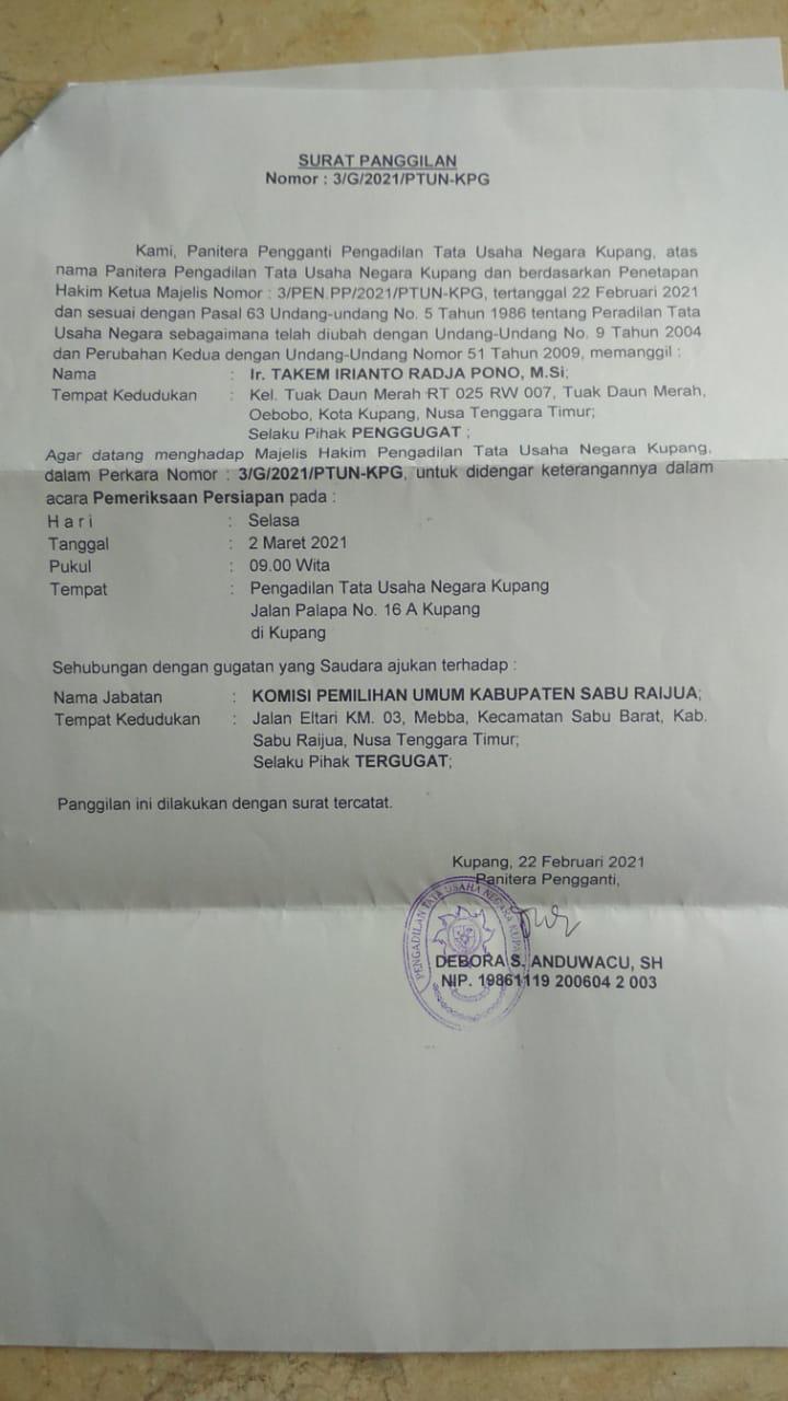 Soal Orient Riwu Kore, KPUD Sabu Raijua Resmi Digugat di PTUN Kupang 1