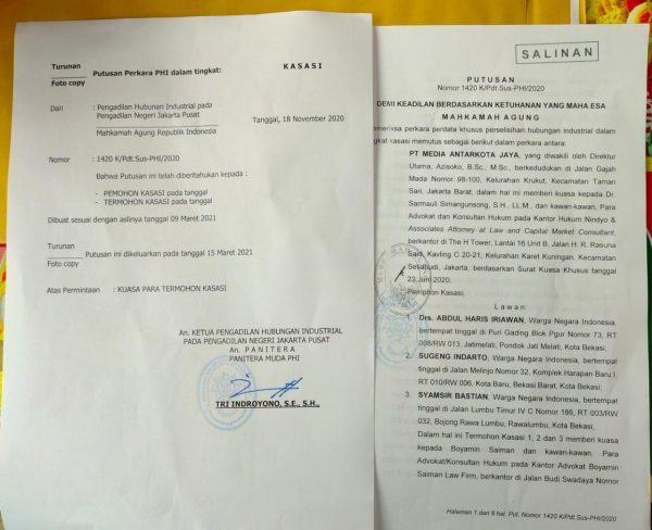 salinan putusan MA Tolak Kasasi Harian Pos Kota, Hakim Perintahkan Putra Harmoko Bayar Uang Pensiun Wartawan 34