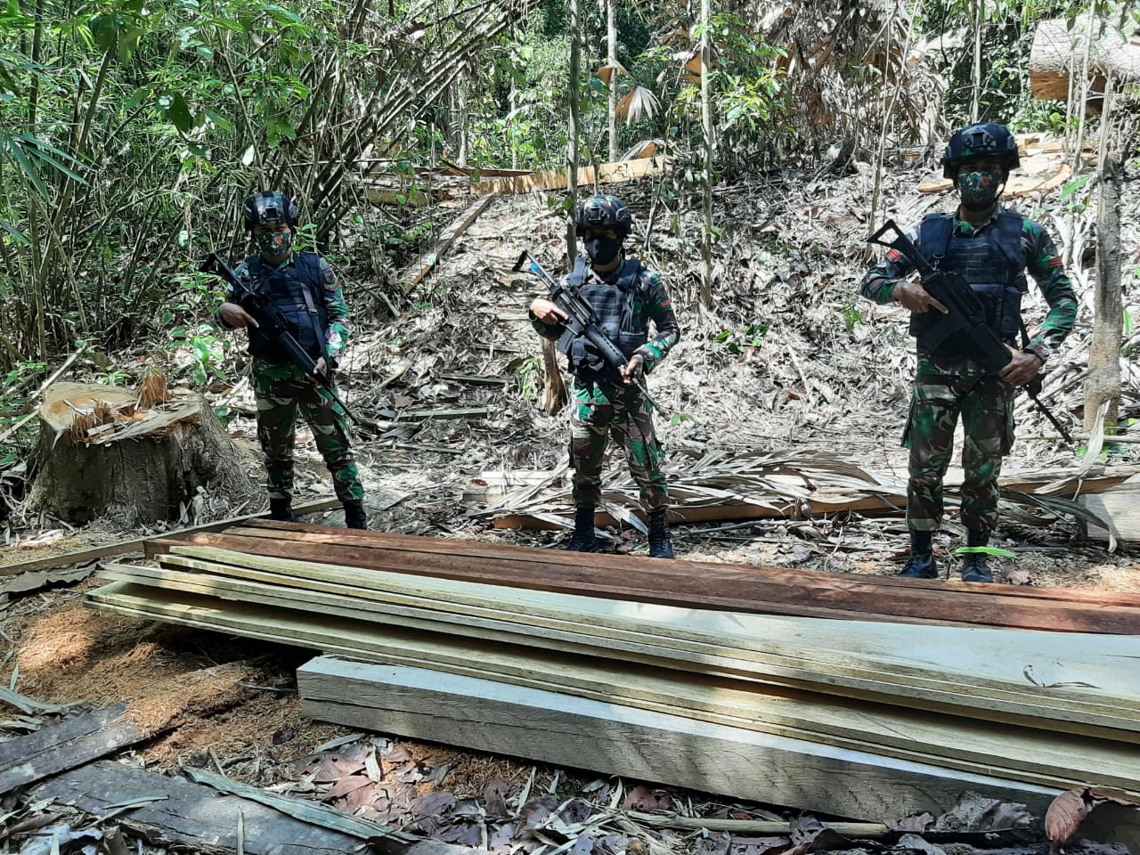 Satgas Pamtas RI-Malaysia Amankan Kayu Ilegal 1