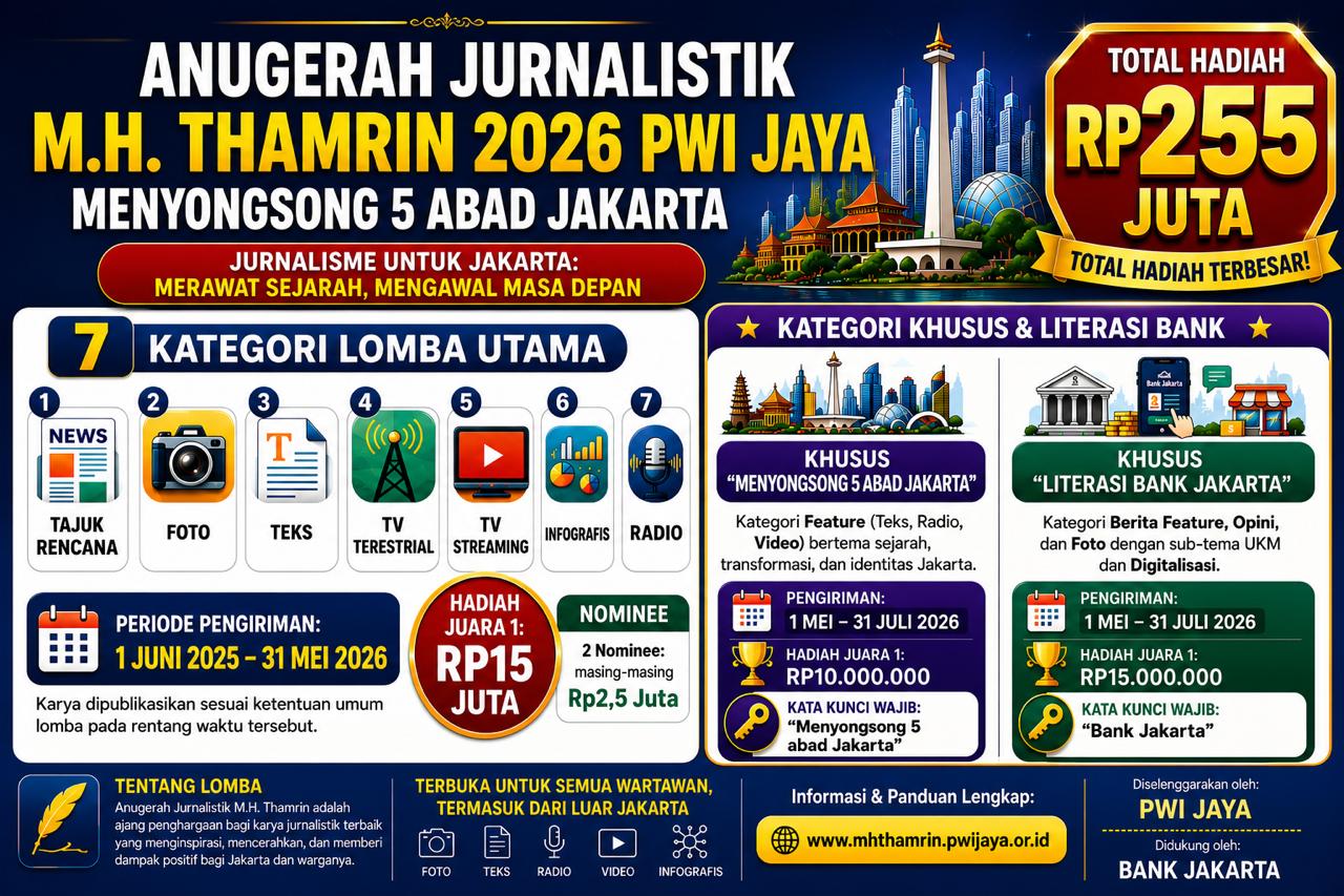 PWI Jaya Matangkan MHT 2026, Penjurian Tujuh Kategori Rampung, Total Hadiah Rp255 Juta 1 PWI Jaya Matangkan MHT 2026, Penjurian Tujuh Kategori Rampung, Total Hadiah Rp255 Juta 2