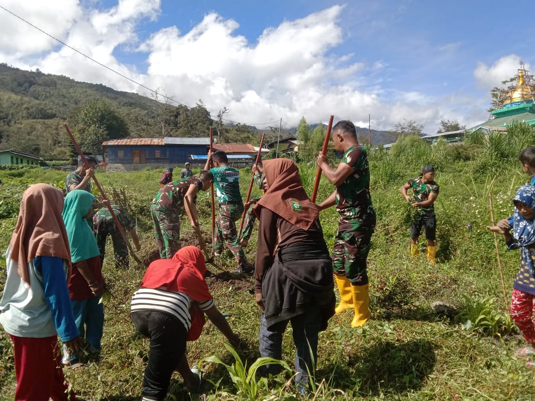 Berasama Warga, Satgas Kodim Yalimo Yonif RK 751/VJS Kelola Lahan Kosong Jadi Kebun Sayuran 1