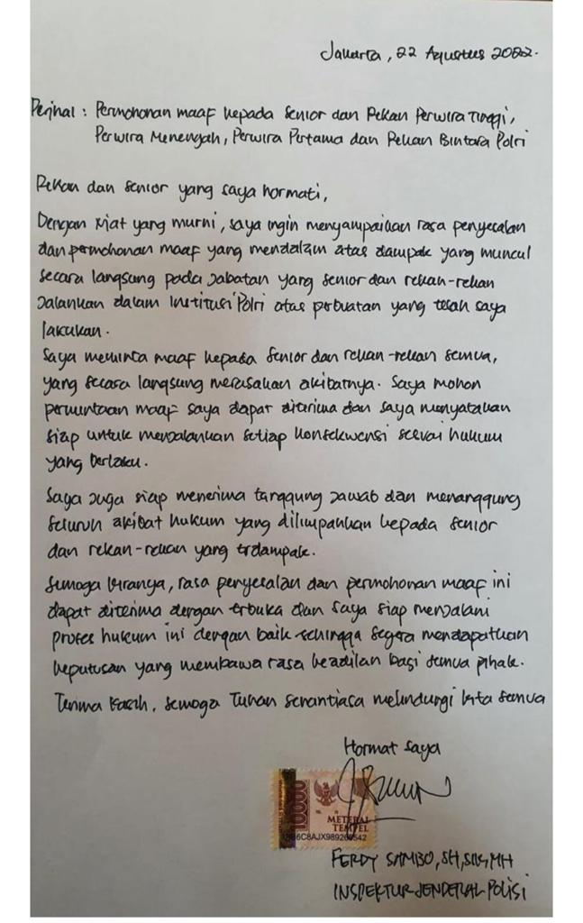 Minta Maaf ke Rekan Yang Dicopot, Ini Surat Sambo 1